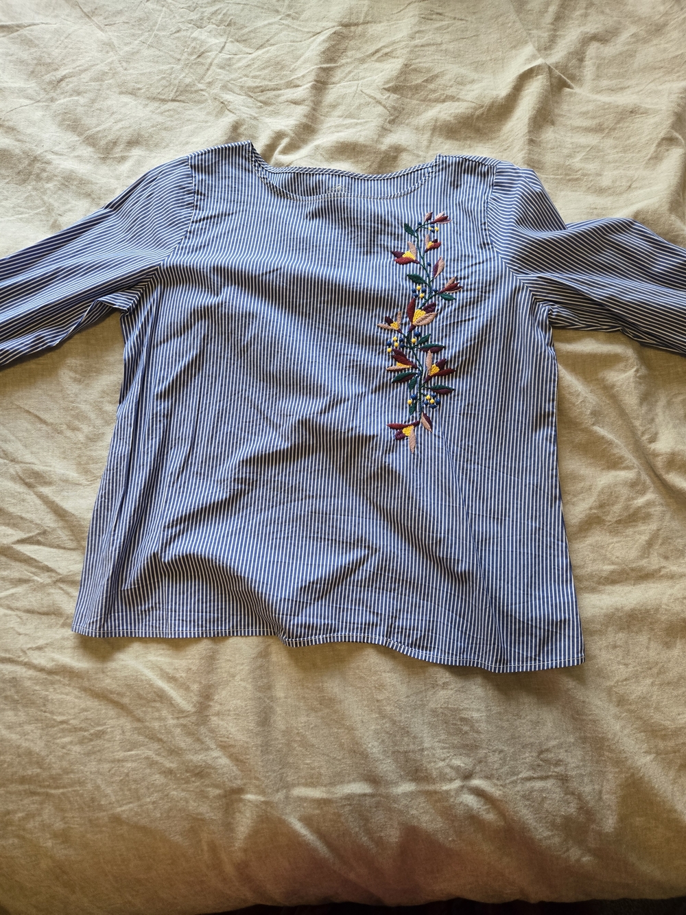 Striped Blue Embroidered Crewneck Women’s Top
